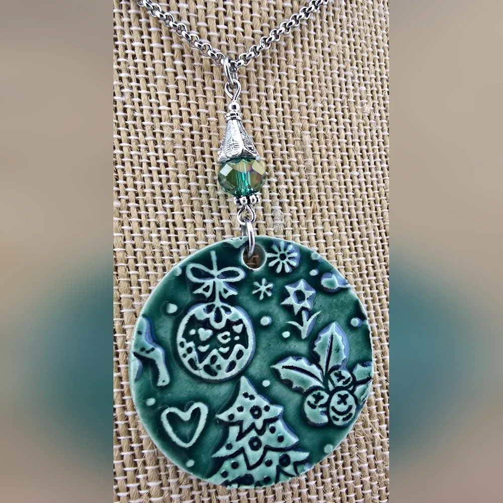 Handmade Kiln Fired Ceramic Green Christmas Pendant Necklace